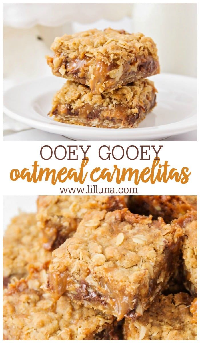 oatmeal caramelia bars stacked on top of each other with the title above it