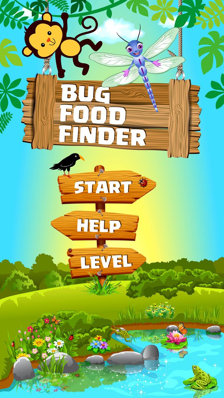 a sign that says bug food finder next to a river with animals on it