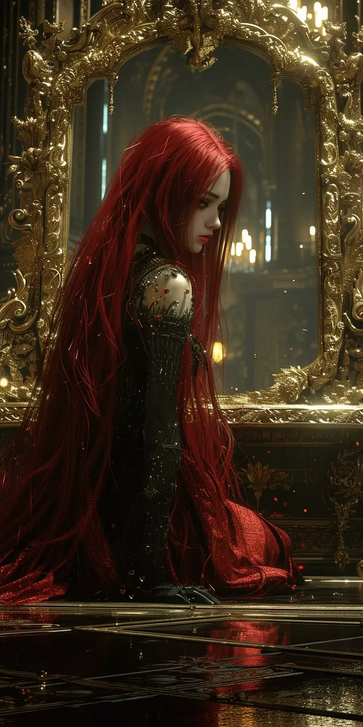 a woman with long red hair sitting in front of a golden mirror and looking into the distance