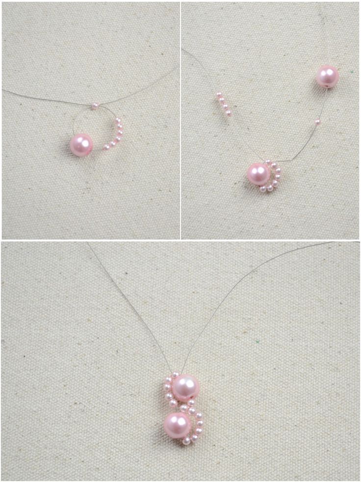 three pictures of pearls being made into necklaces