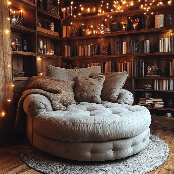 a living room filled with lots of furniture and bookshelves covered in fairy lights