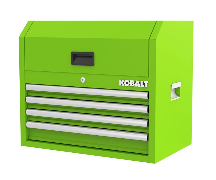 The Kobalt 26-In 4-Drawer Green Chest is great for storing and organizing all your tools and hardware. The unit is made from high grade all welded steel construction with a tough, rust-resistant powder coat finish. 4 Drawers are all full-extension and glide effortlessly on ball-bearing slides that can support up to 50 lbs. you can charge your electronics and power tools even when the chest is locked via the integrated power strip with 4-outlets and 2-USB ports. The chest has lock system for adde Metal Tools, Green Cabinets, Tool Chest, School Related, Tool Steel, Garage Storage, Power Tools, Tool Storage, Art Room