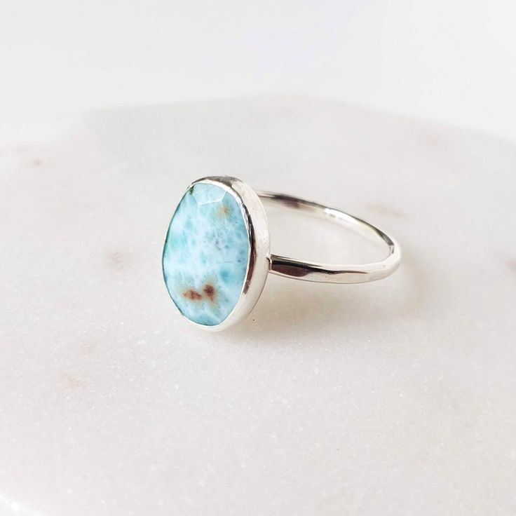 Larimar Ring Engagement Rings Beachy, Gem Stone Rings, Beach Rings, Cute Engagement Rings, Larimar Ring, Larimar Rings, Hammered Ring, Jewelry Accessories Ideas, Stacked Jewelry