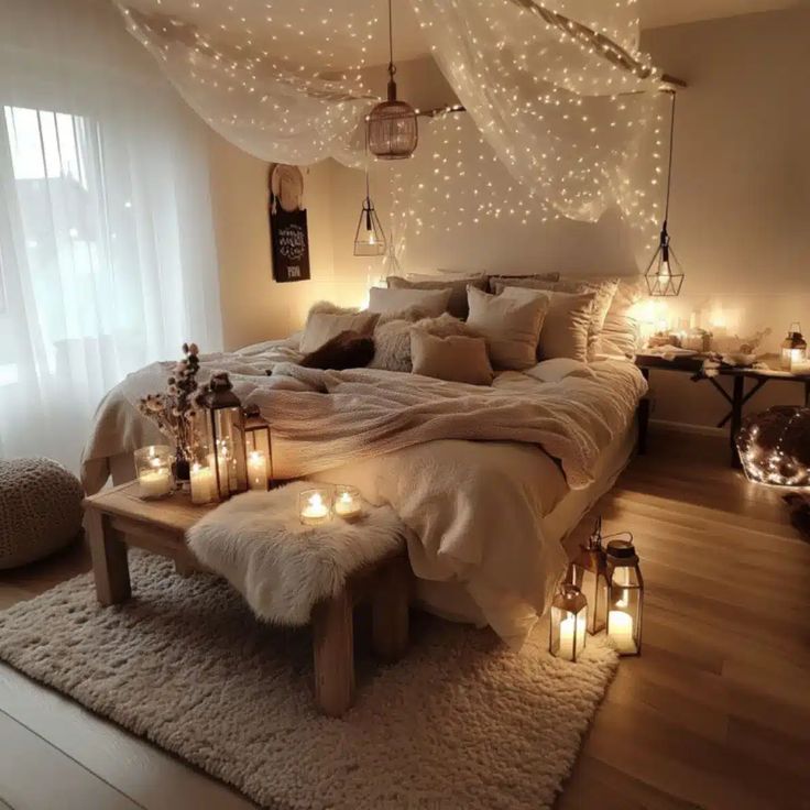 Romantic Bedroom Decor Ideas, Dreamy Space, Romantic Bedroom Decor, Romantic Bedroom, Bedroom Decor Ideas, Bedroom Decorating, Farmhouse Bedroom, Lantern Lights, Design Tips