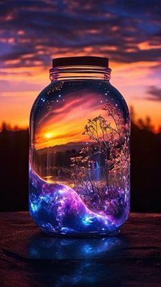 a glass jar filled with water sitting on top of a wooden table under a colorful sky