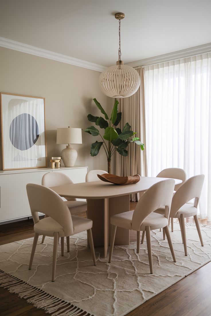 a dining room table with white chairs and a potted plant on top of it