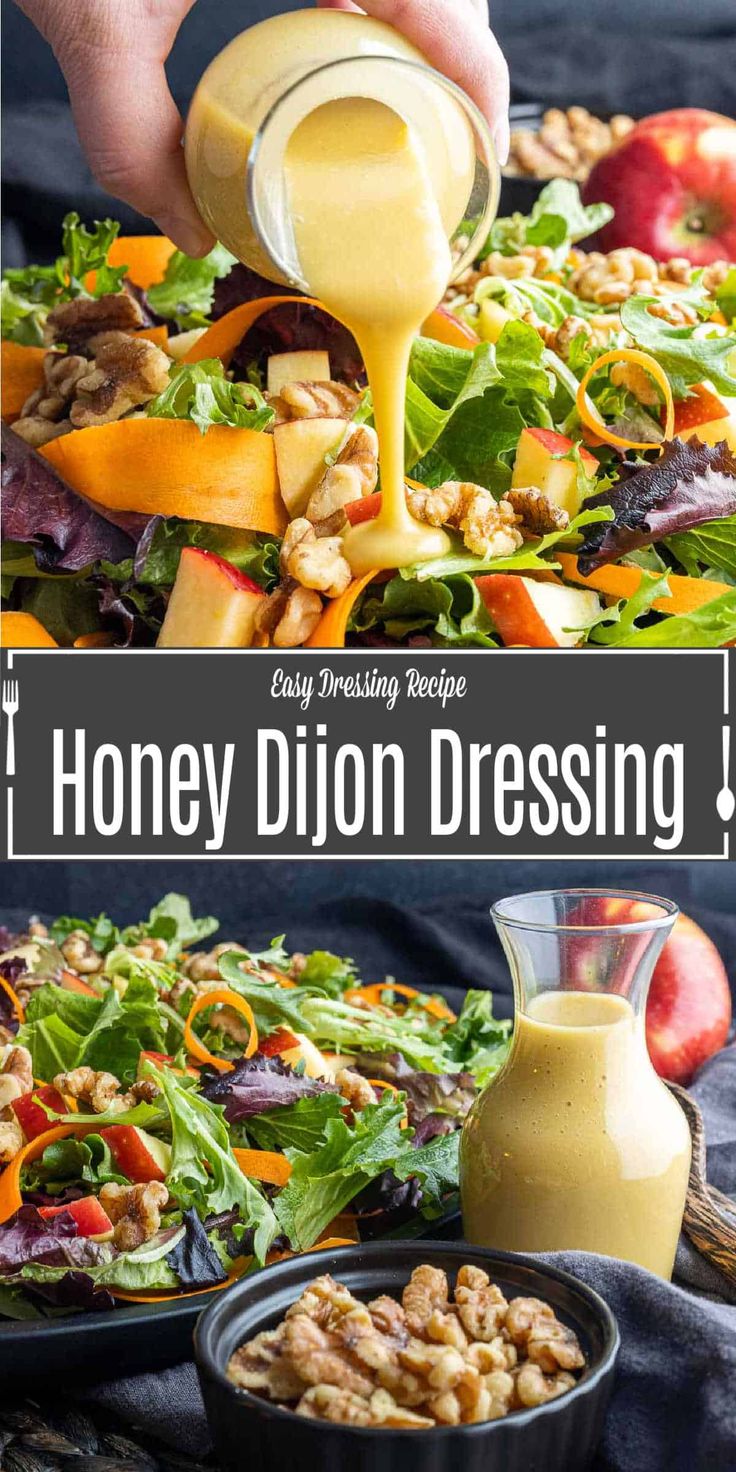 honey dijon dressing being drizzled onto a salad