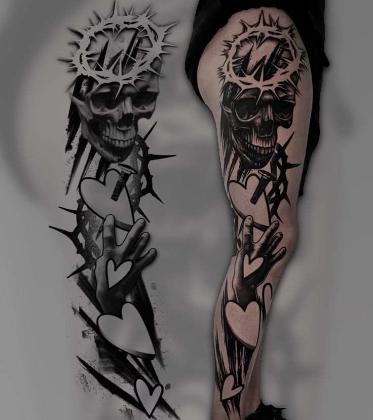 two tattoos on the legs of people with different designs and colors, one has a skull