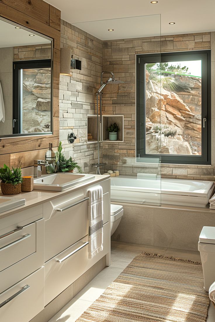 a bathroom with a tub, sink, toilet and window that looks out onto the mountains