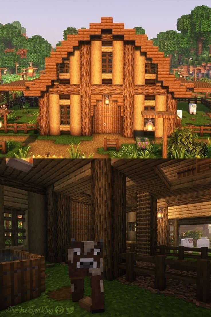 two pictures of the same house in minecraft, one with a dog and another with a cat