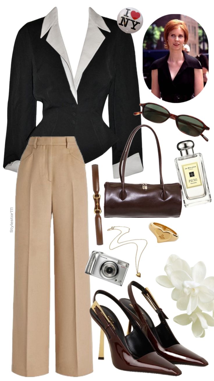 a woman's outfit and accessories including shoes, purses, sunglasses, and handbag