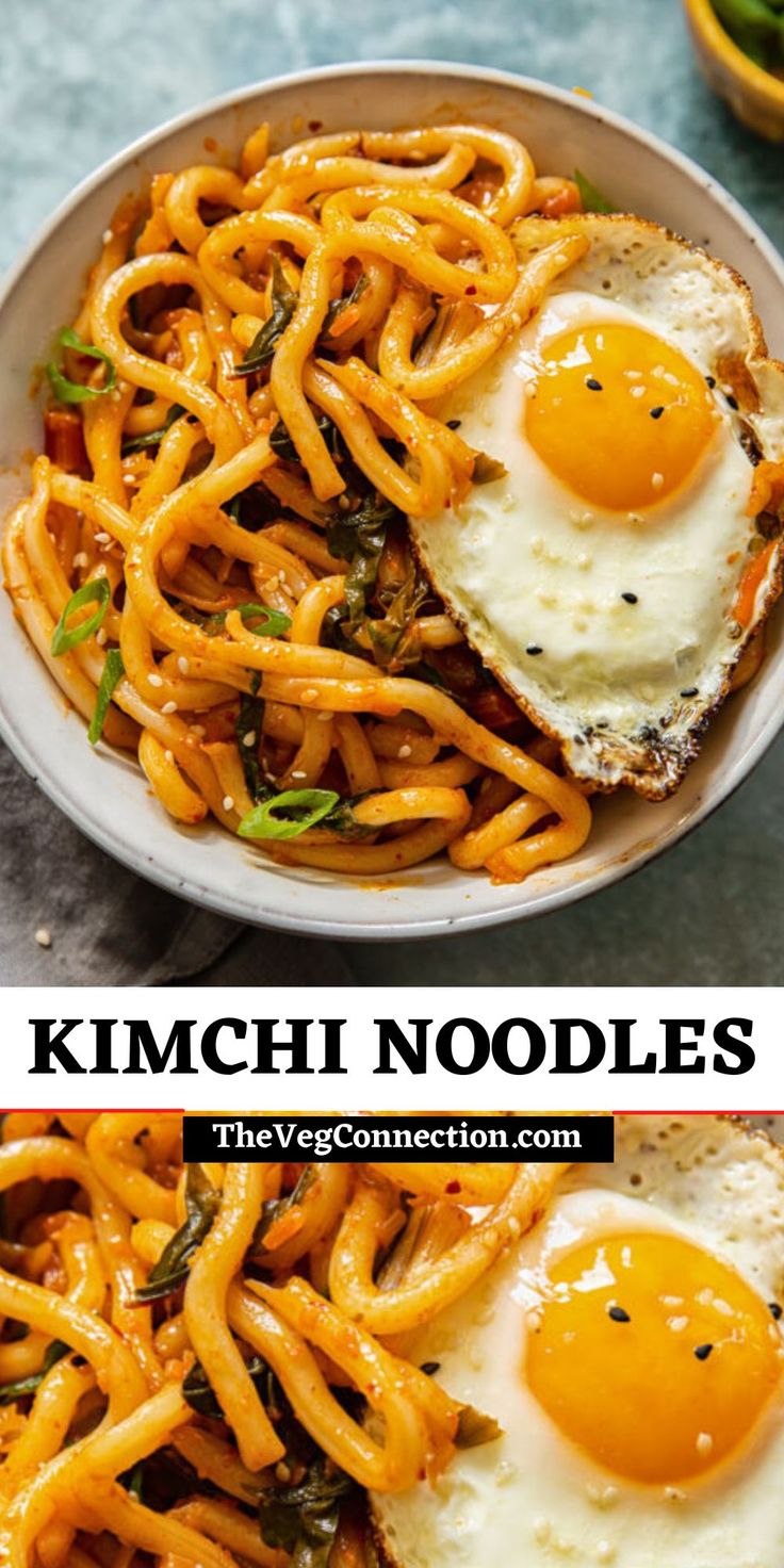 two bowls filled with noodles and fried eggs on top of each other, next to the same bowl