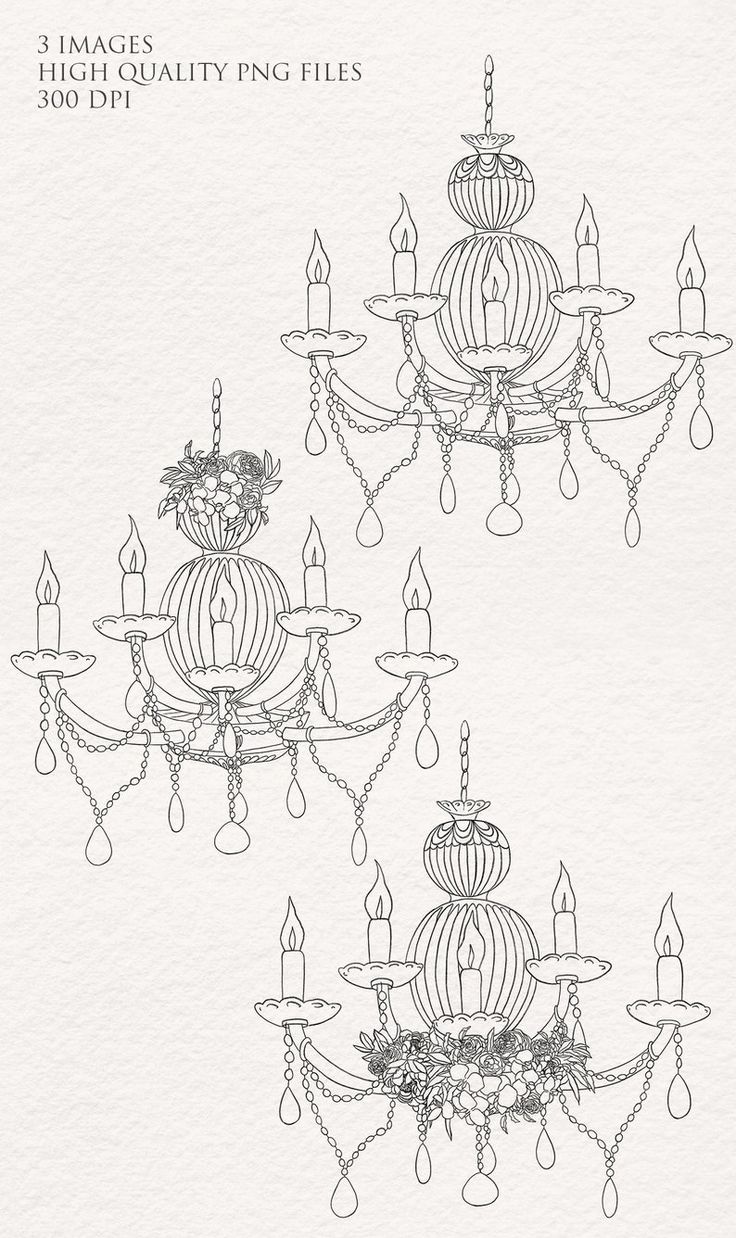 three chandeliers with candles and flowers on them are drawn in black ink against a white paper background