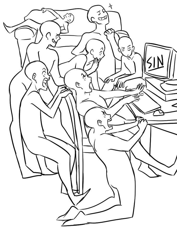 a black and white drawing of people sitting in front of a computer desk with computers on it