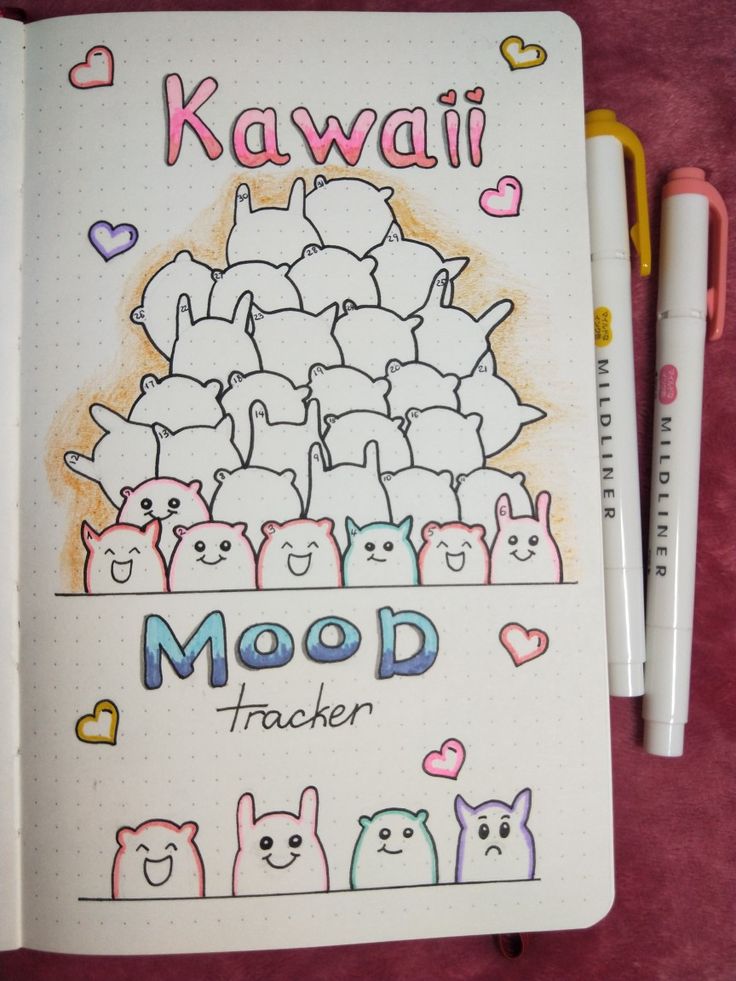 a notebook with kawaii mood tracker written on it and two pens next to it