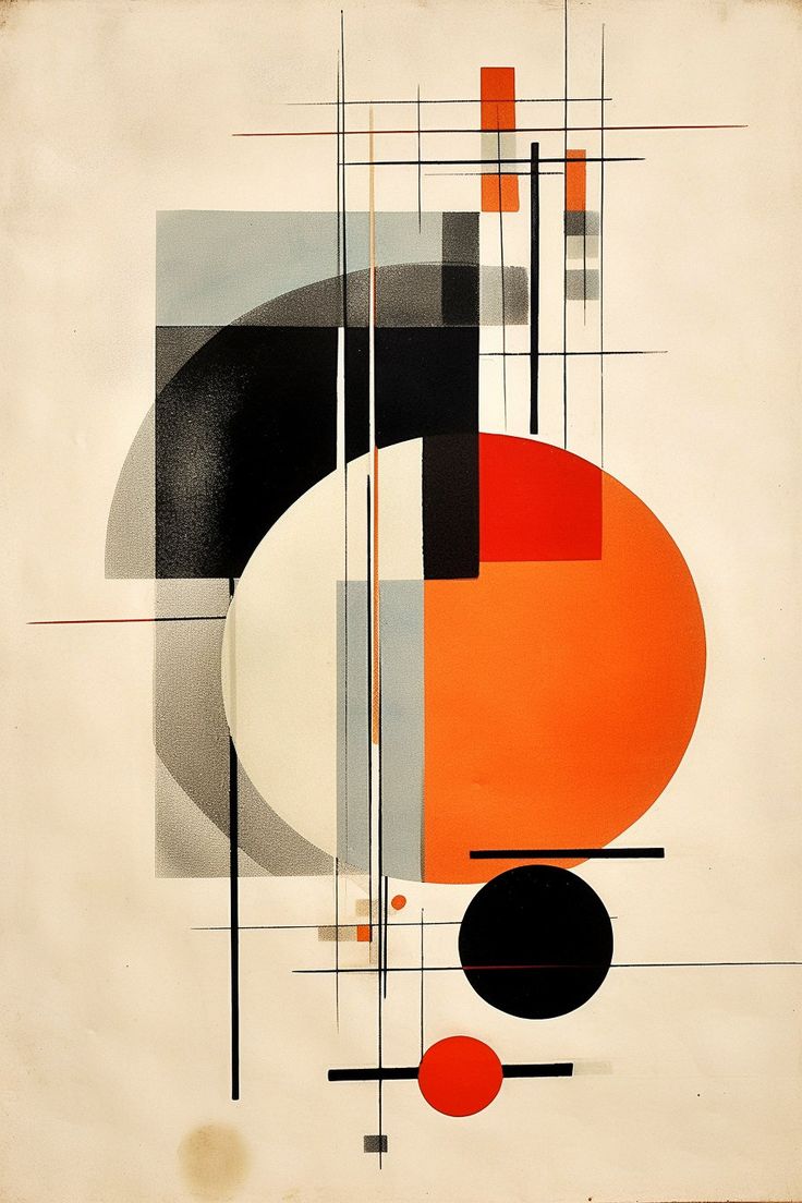 an abstract painting with black, orange and white shapes