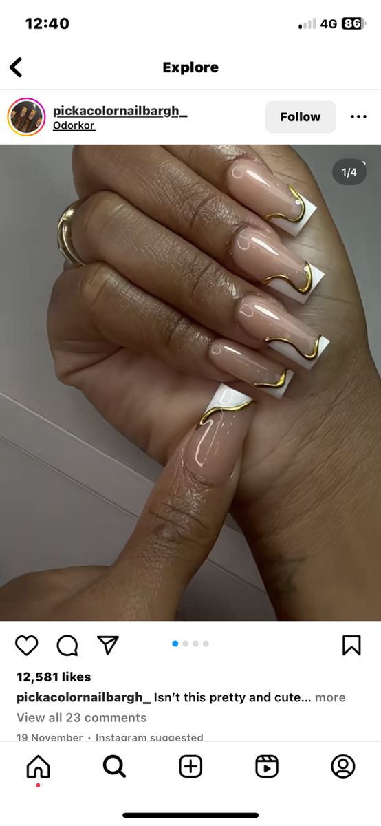 Square Nails Gold Design, Black French Tip Nails Gold Accent, Hoco Nail Ideas Square, White Croc Nail Design, French Nail Designs With Gold, Gold Chrome French Tip Nails Square, Grad Nail Ideas Simple, White Tip Nail Designs Ideas, Gold And French Tip Nails