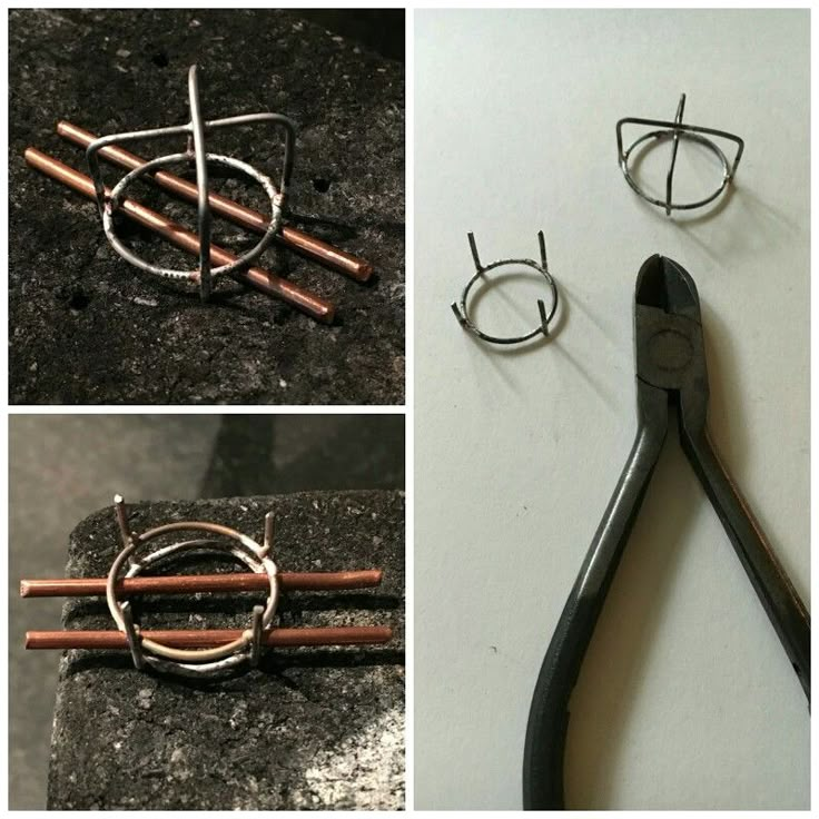 four pictures of different types of scissors and some wire on the ground, with one being used to make earrings