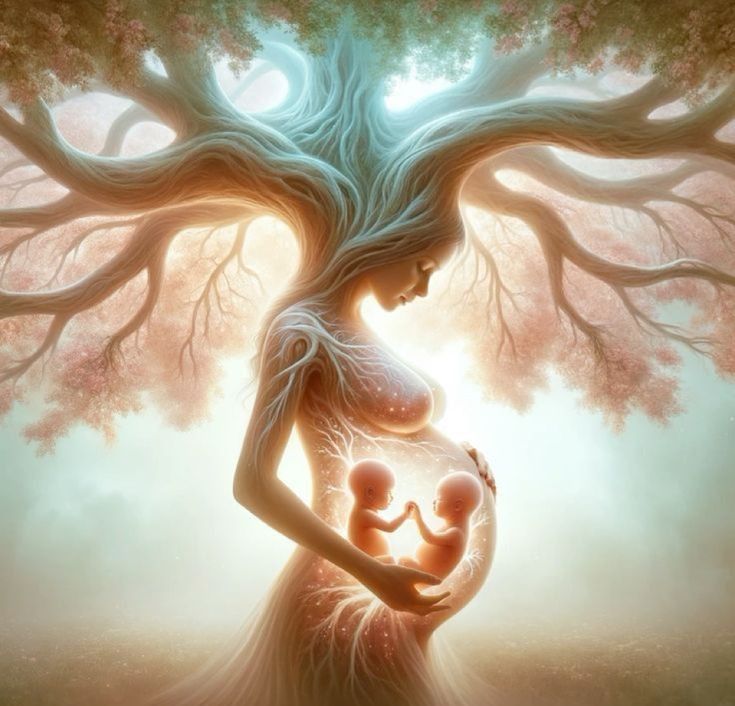 a woman holding a baby in her arms under a tree with its trunk curled up