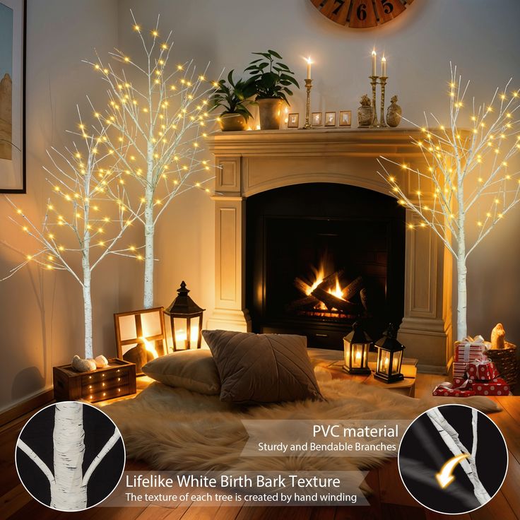 lighted trees in front of a fireplace with white lights