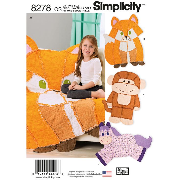 "Find the Simplicity® Pattern CS8278 (One Size) at Michaels. Stitch adorable rag-quilted animals with the help of the Simplicity Pattern 8278 Animal Rag Quilts-One Size. Simplicity® Pattern CS8278 Animal Rag QuiltsCraft Sewing Project. Stitch adorable rag-quilted animals with the help of the Simplicity Pattern 8278 Animal Rag Quilts-One Size. This pattern includes a monkey, horse and fox. Designer: Longia Miller. See product images for chart that shows you fabric types best suited for this proje Animal Quilt Patterns Annie's Craft Store, Free Blanket Sewing Patterns, Sew Flannel Mop, Rag Quilt Size Chart, Blanket Stitch Sewing, Fox Lovey Sewing Pattern, Sewing Animals, Fox Quilt, Learn Sewing