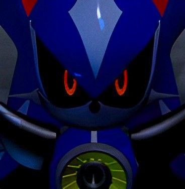 a close up of a sonic the hedgehog character with red eyes and big ears