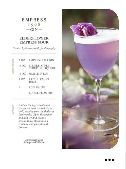 an image of a purple drink with flowers in the glass and description card below it