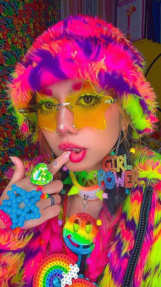 Acid Pixie Aesthetic, Acid Aesthetic, Cybr Grl, Pixie Aesthetic, Kid Core Aesthetic, Decora Fashion, Harajuku Decora, Kandi Kid, Fest Outfits