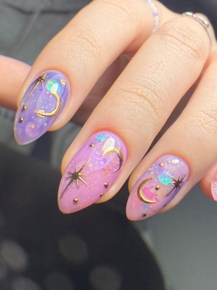 Sailormoon Nail Design, Space Inspired Nails, Pink Galaxy Nails, Pastel Cat Eye Nails, Fun Nail Designs Creative Latest Fashion, Twice Nail Art, Space Theme Nails, Cosmic Nail Art, Starry Nail Designs