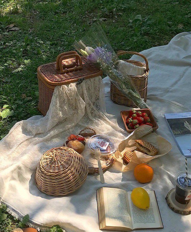 an open book and some fruit on a blanket in the grass next to a wicker basket