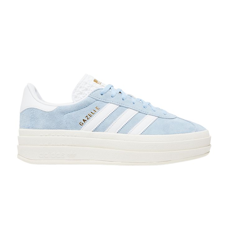 Find ADIDAS Wmns Gazelle Bold 'clear Sky on Editorialist. The adidas Women’s Gazelle Bold ‘Clear Sky’ reworks the iconic silhouette with soft suede in a pastel blue finish. The upper is accented with white leather detailing on the back tab and serrated three-stripes. ‘GAZELLE’ is stamped on the lateral quarter panel in gold foil lettering, matching the printed adidas tag that embellishes the tongue. The sneaker rides on a triple-stacked midsole in a vintage off-white finish. Light Blue Adidas Shoes, Adidas Shoes Women Gazelle, Cute Popular Shoes, Platform Adidas Gazelle, Light Blue Gazelle, Cute Back To School Shoes, Cute Shoes Women, Adidas Gazelle Platform, Women’s Shoes