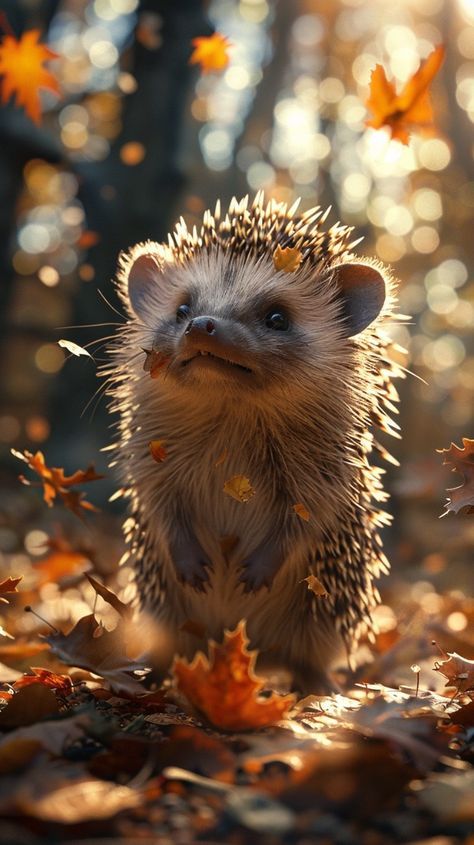 a hedgehog is standing in the leaves