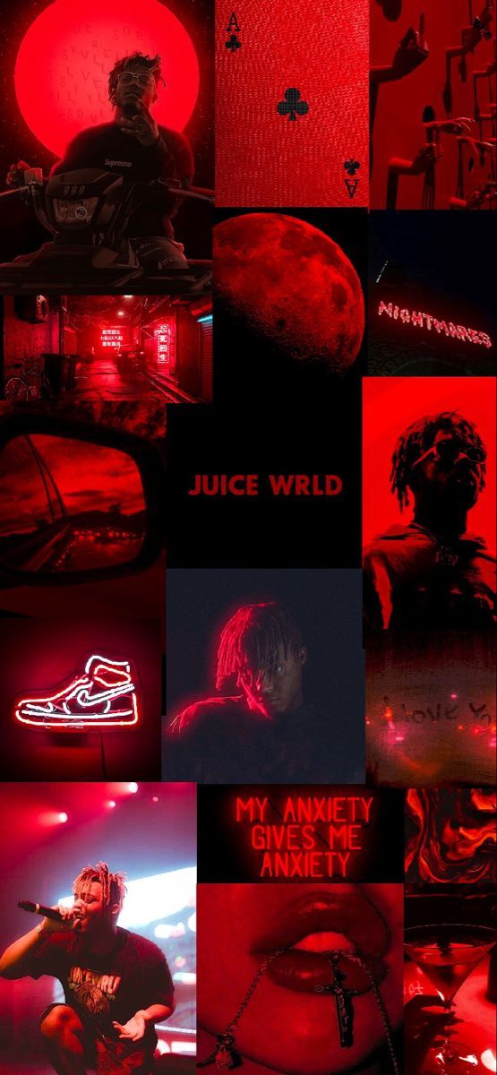 a collage of red images with the words juice world in black and white letters