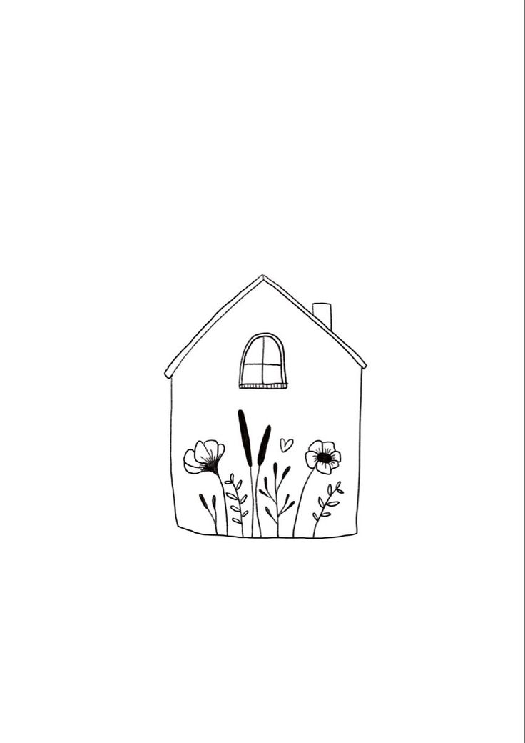 a black and white drawing of a house with flowers