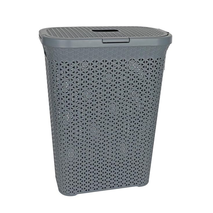 a grey trash can with holes on the front and bottom, sitting against a white background