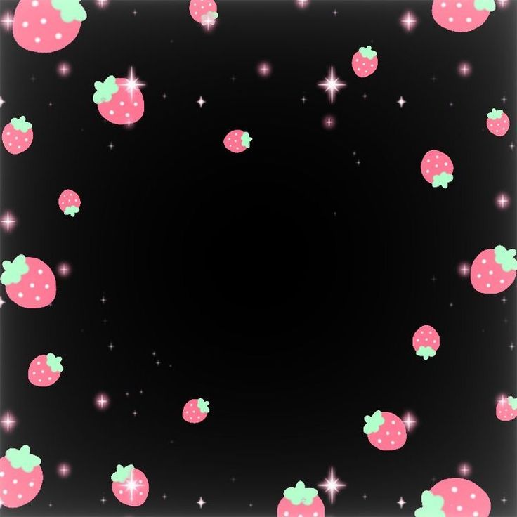 a black background with pink and green strawberries in the center, surrounded by stars