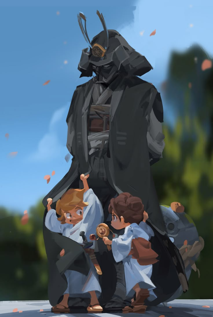 two children are standing next to a darth vader and another child is sitting on the ground