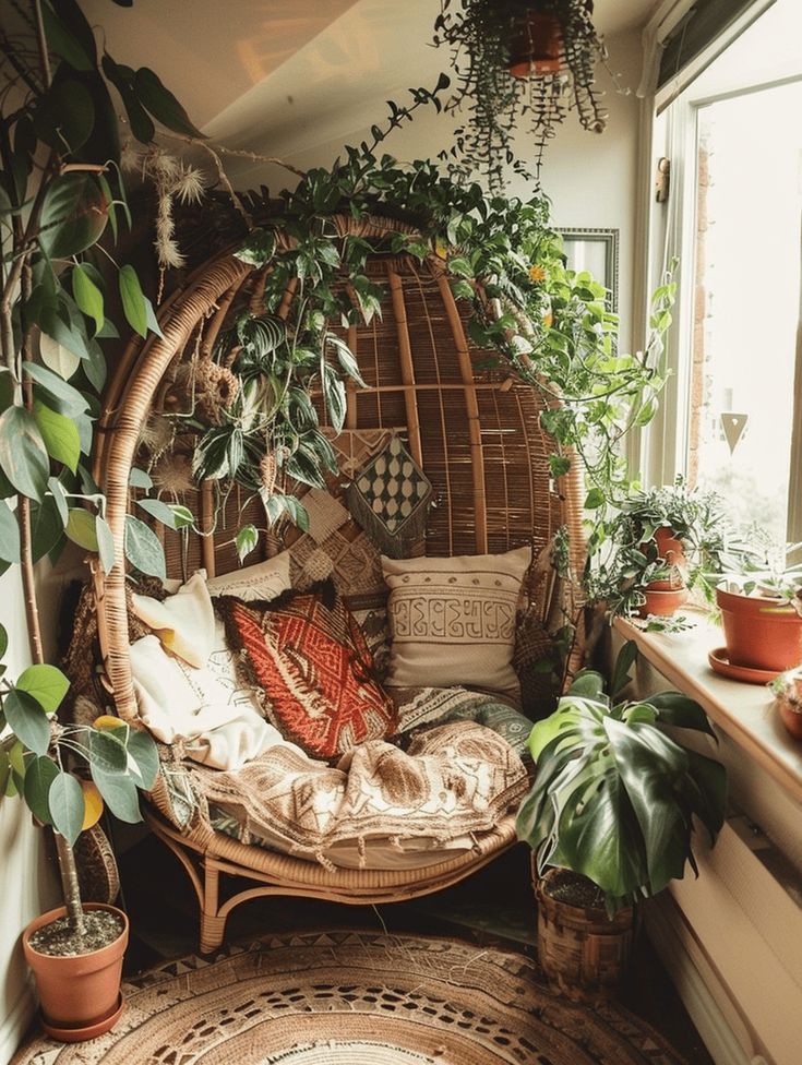 a wicker chair with plants on the windowsill