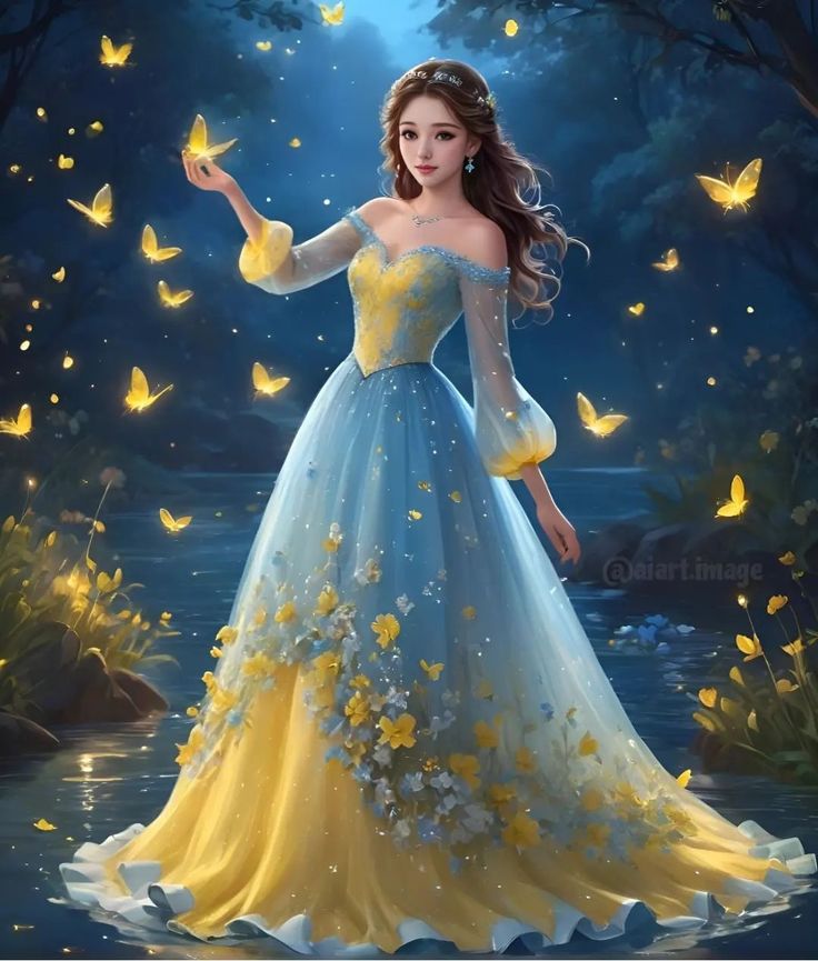 a woman in a blue and yellow dress with butterflies around her