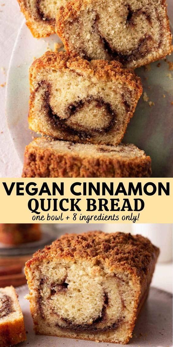 vegan cinnamon quick bread on a white plate with the title above it and an image of