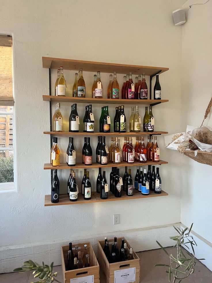 bottles of wine are lined up on the wall