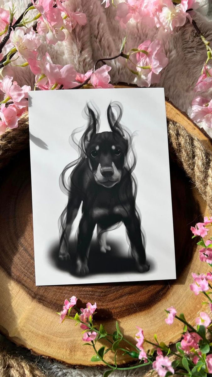 a black and white photo of a dog sitting on top of a piece of wood