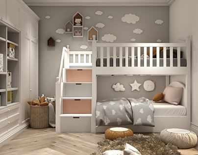 a child's bedroom with bunk beds and shelves