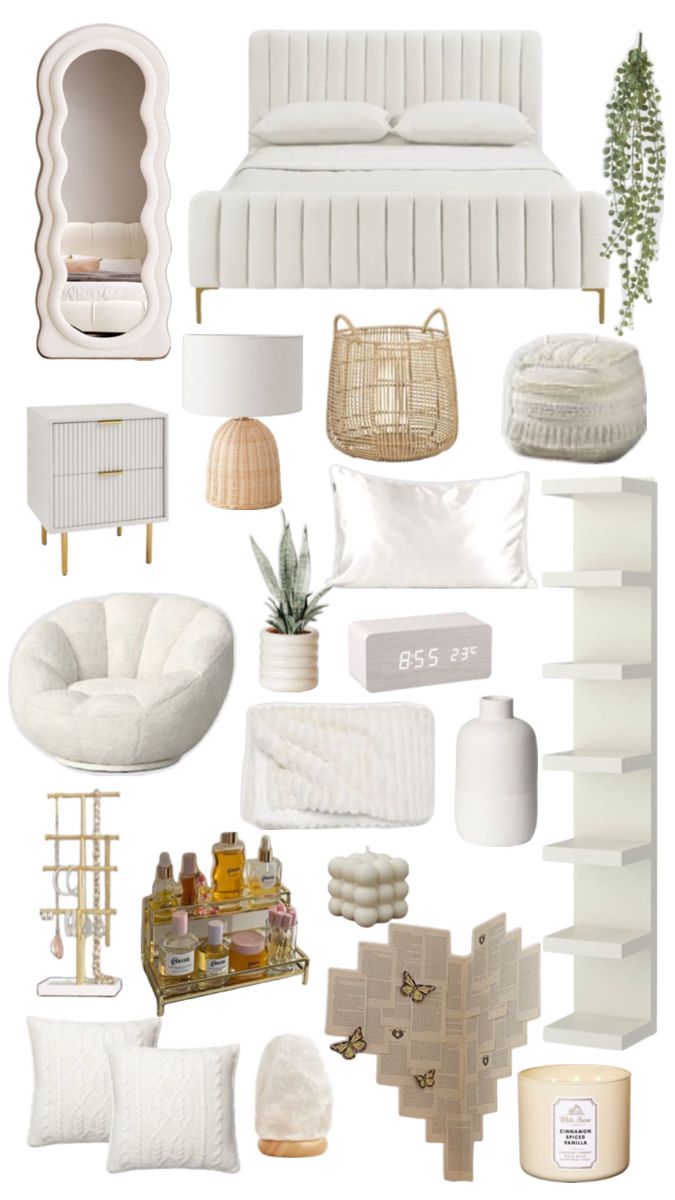 a collage of white furniture and accessories