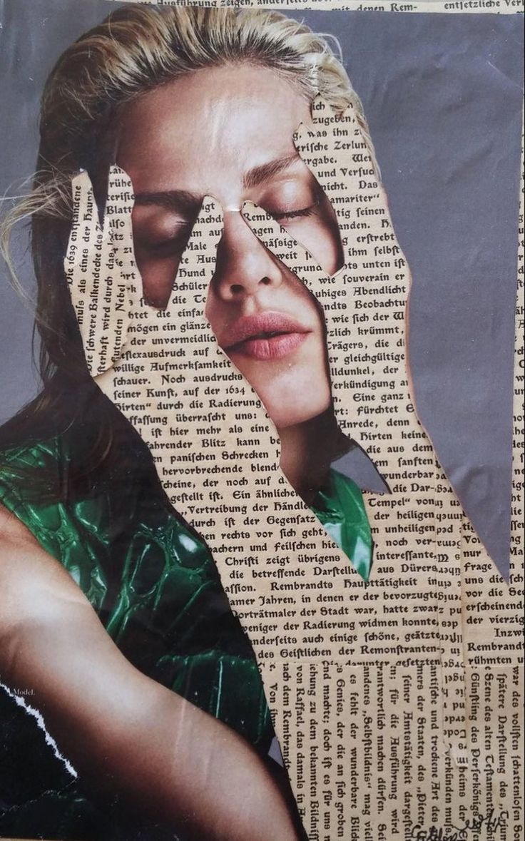 a collage of a woman's face and hands with newspaper paper covering it