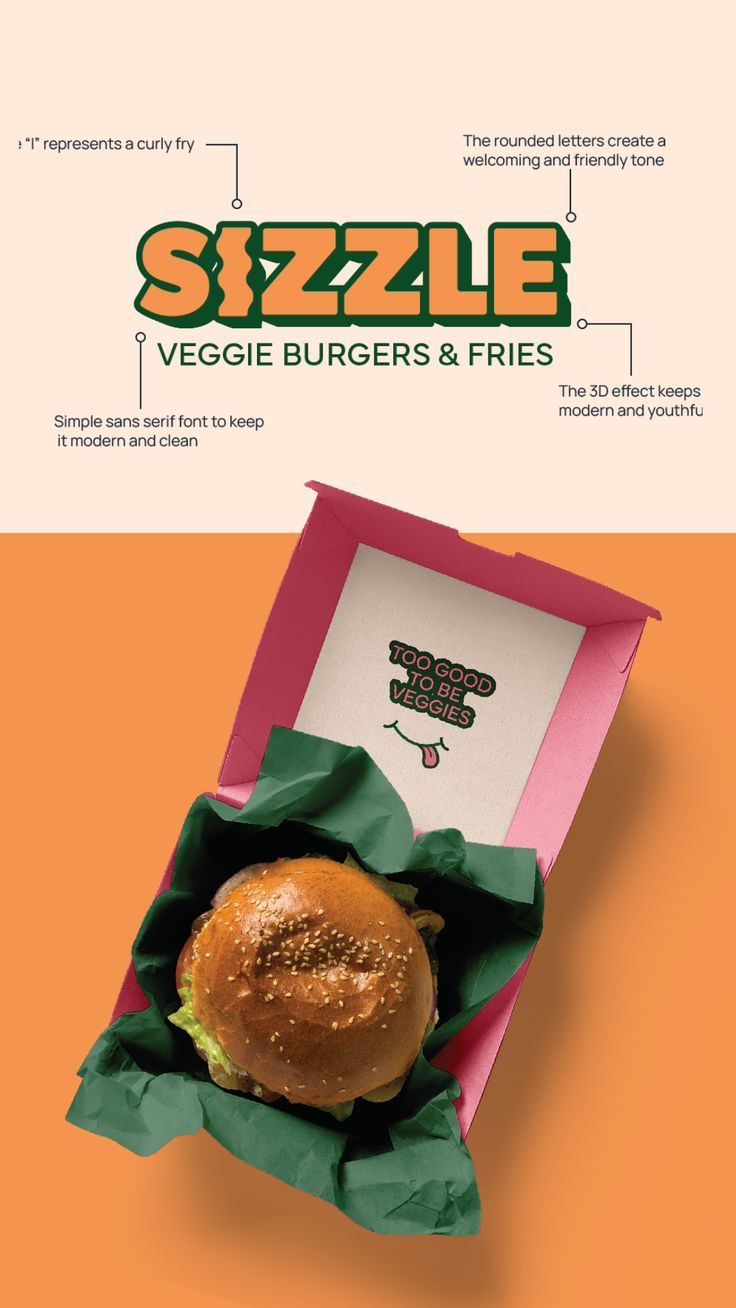 a burger in a box with the words sizzle on it and an image of a hamburger