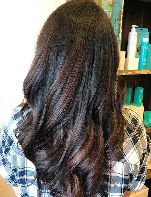 Chocolate Balayage On Black Hair Indian Hair Highlights, Balayage Black, Chocolate Balayage, Black Balayage, Balayage Hairstyles, Black Hair Balayage, Woman Hairstyles, Black Ponytail Hairstyles, Black Hair With Highlights