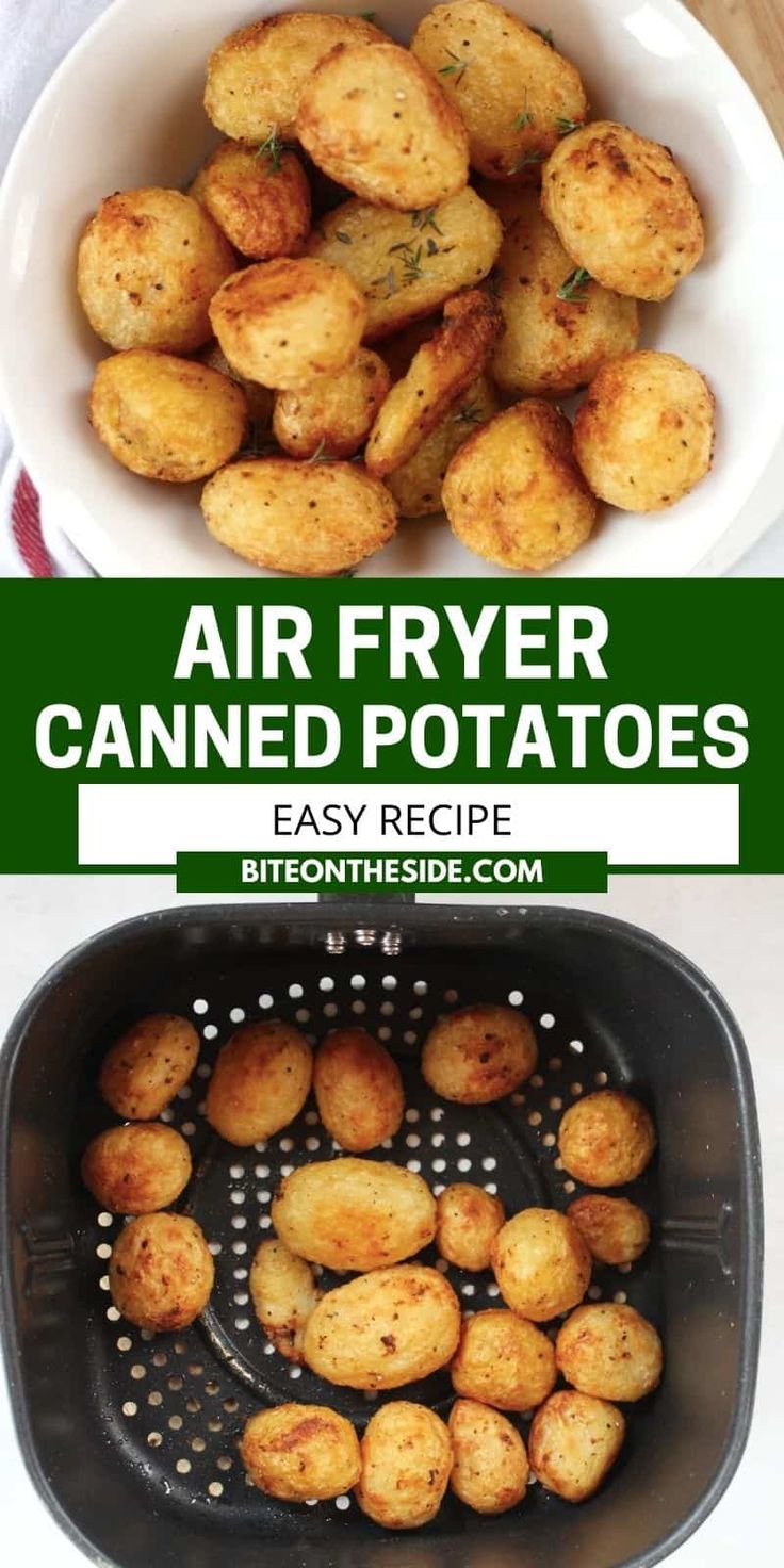 air fryer canned potatoes in a colander with text overlay