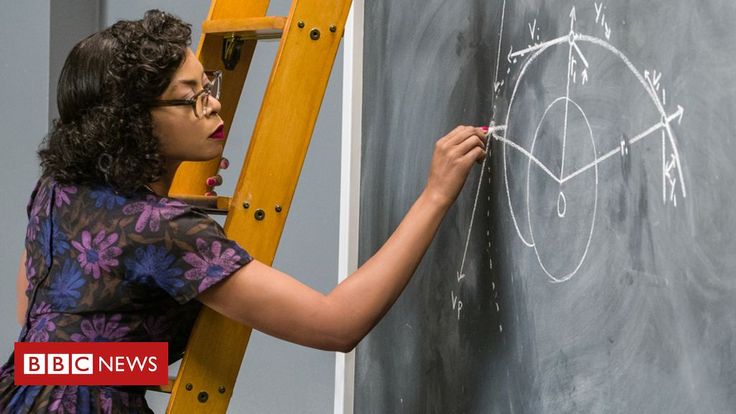 a woman writing on a chalkboard with a yellow ladder next to her and another person standing in front of the chalk board