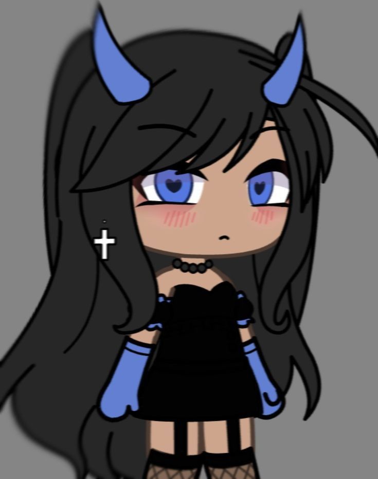 an anime character with horns and blue eyes, wearing black clothes while standing in front of a